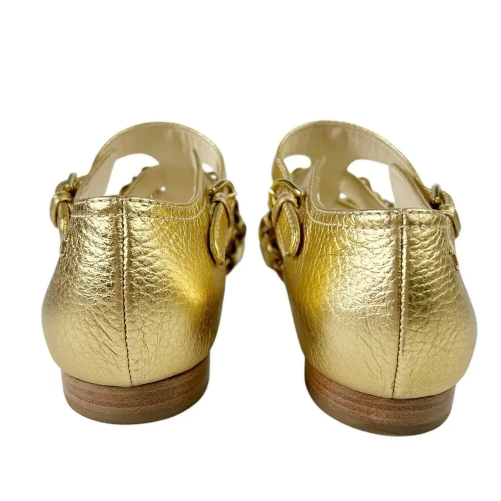 CHANEL Gold Metallic Leather Chain Accent Interlocking CC Flat Sandals